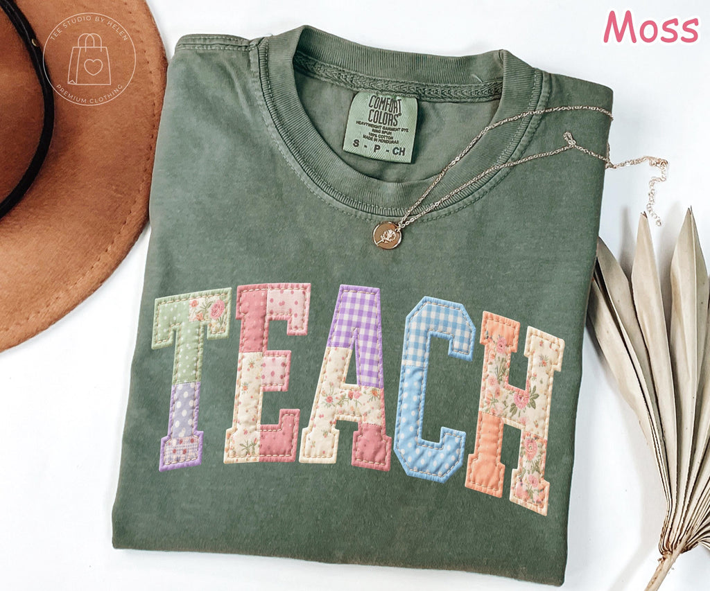 Comfort Colors® Teach Patchwork Shirt, Faux Quilted Teacher Shirt, Gift for Teacher, Teacher Appreciation Gift, Spring Floral Teacher Tee