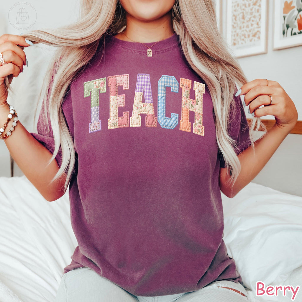 Comfort Colors® Teach Patchwork Shirt, Faux Quilted Teacher Shirt, Gift for Teacher, Teacher Appreciation Gift, Spring Floral Teacher Tee