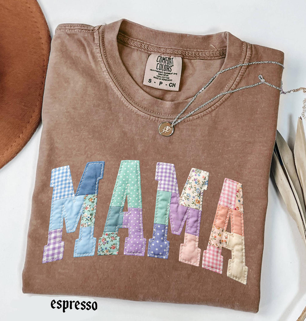 Faux Quilted Mama Comfort Colors© Shirt, Custom Mama Mimi Nana Gigi Mothers Day Gift, Floral Mom T-Shirt, Faux Patchwork Mom Tee