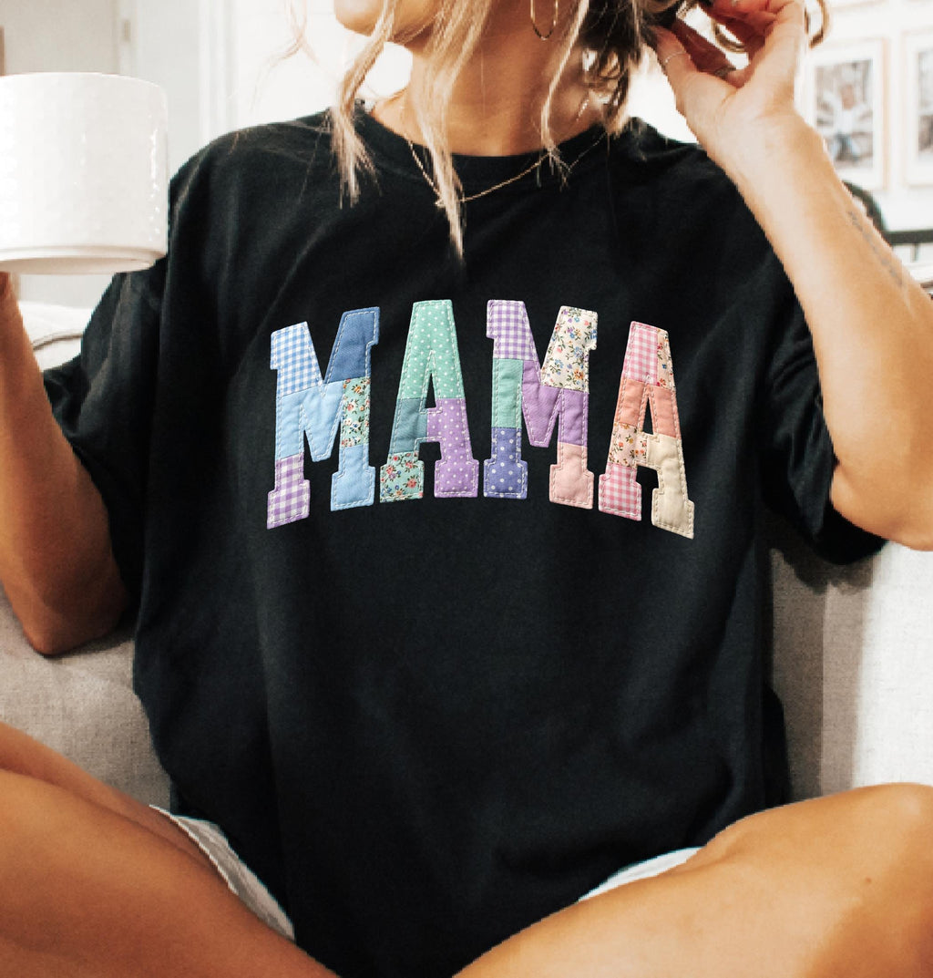 Faux Quilted Mama Comfort Colors© Shirt, Custom Mama Mimi Nana Gigi Mothers Day Gift, Floral Mom T-Shirt, Faux Patchwork Mom Tee
