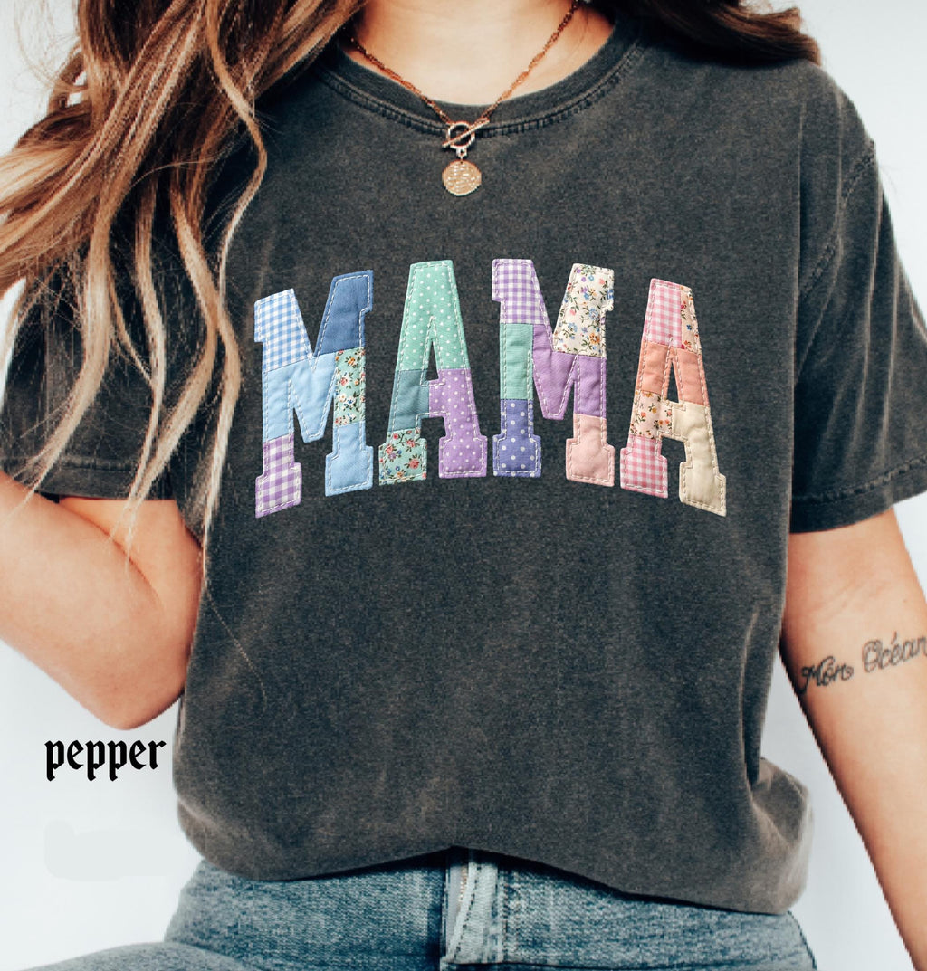 Faux Quilted Mama Comfort Colors© Shirt, Custom Mama Mimi Nana Gigi Mothers Day Gift, Floral Mom T-Shirt, Faux Patchwork Mom Tee