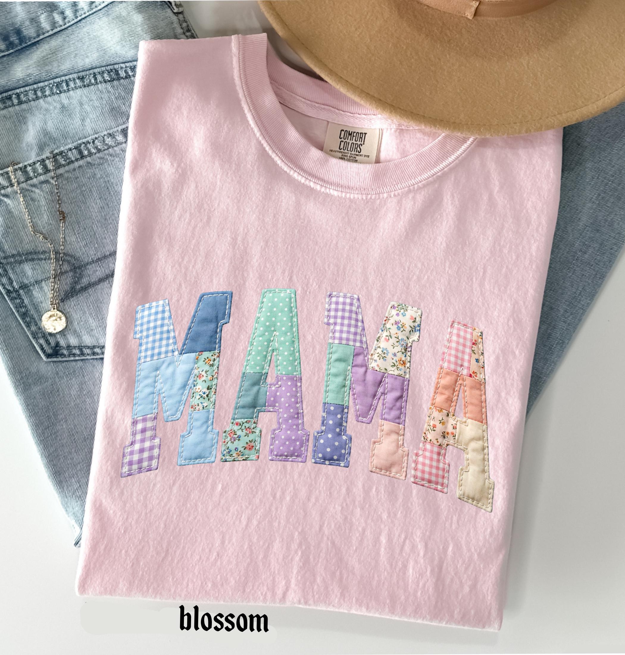 Faux Quilted Mama Comfort Colors© Shirt, Custom Mama Mimi Nana Gigi Mothers Day Gift, Floral Mom T-Shirt, Faux Patchwork Mom Tee