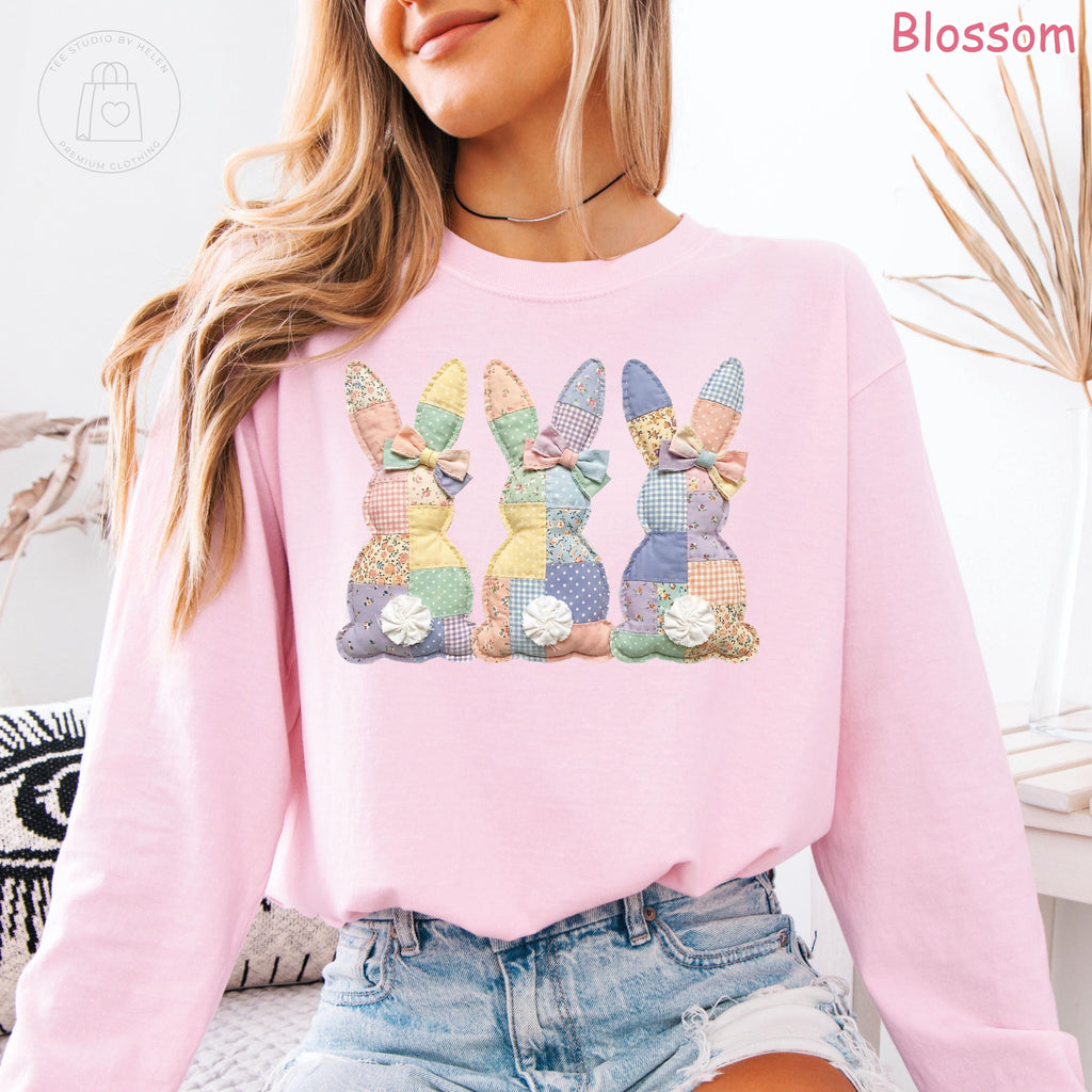Comfort Colors® Faux Patchwork Bunny Long Sleeve Shirt, Vintage Cottagecore Easter Shirt, Spring Floral Graphic Tee, Easter Gift for Women