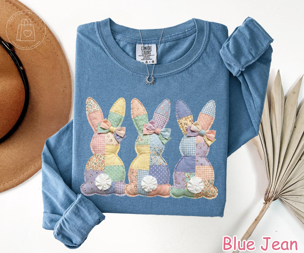 Comfort Colors® Faux Patchwork Bunny Long Sleeve Shirt, Vintage Cottagecore Easter Shirt, Spring Floral Graphic Tee, Easter Gift for Women