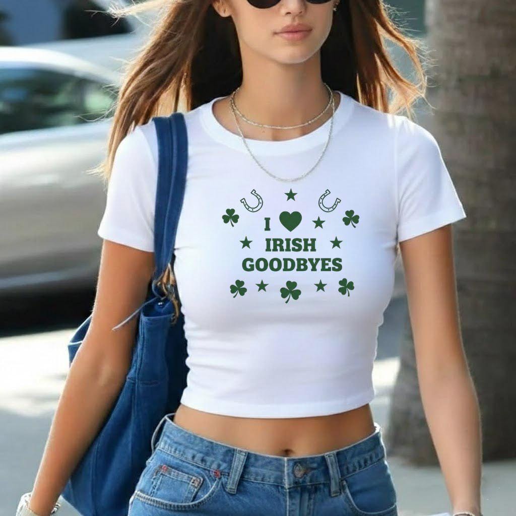 I Love Irish Goodbyes Baby Tee, St Patricks Day Shirt Women, Shamrock Lucky Clover Top, Retro Y2K Graphic Tee, Cute Saint Paddys Day Gift