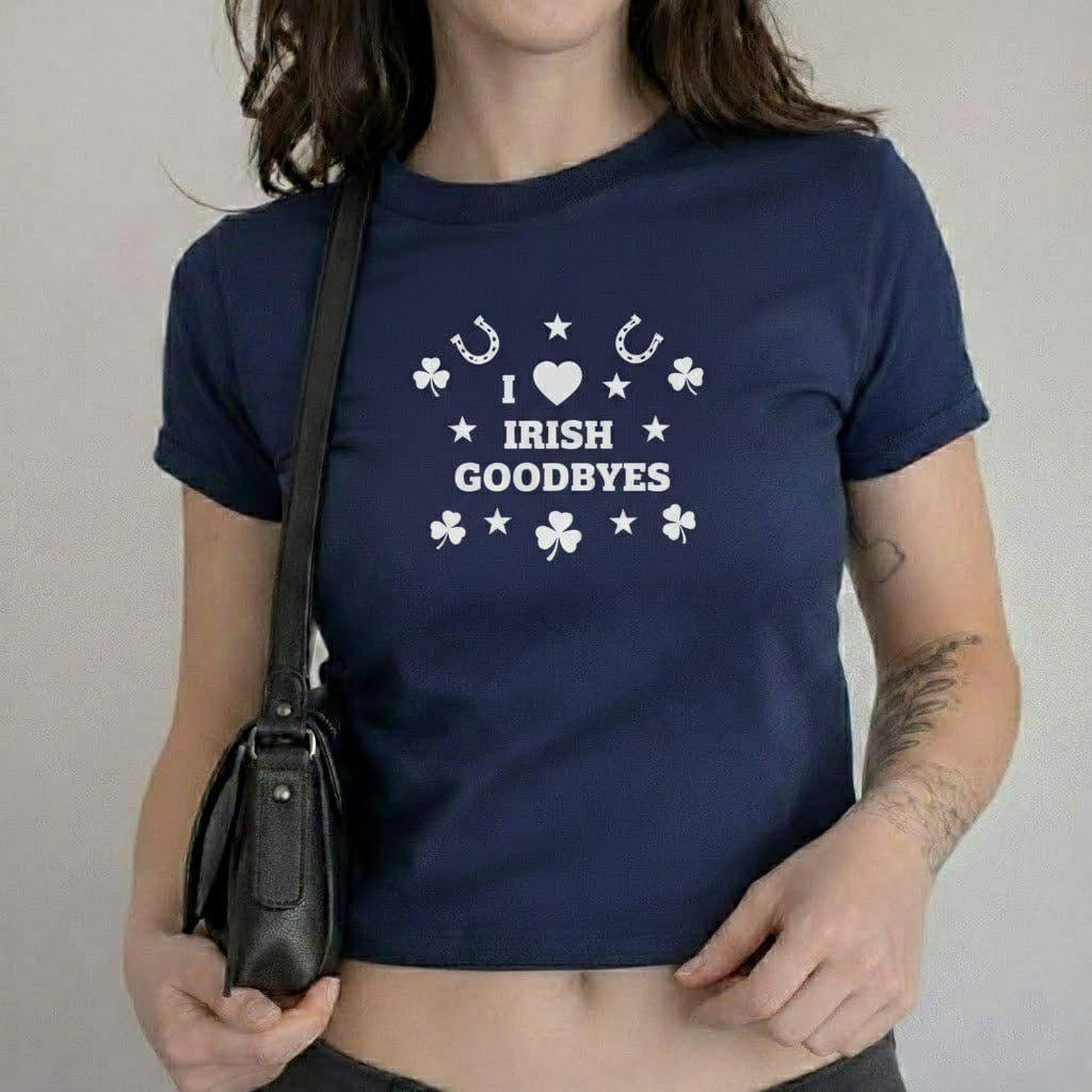 I Love Irish Goodbyes Baby Tee, St Patricks Day Shirt Women, Shamrock Lucky Clover Top, Retro Y2K Graphic Tee, Cute Saint Paddys Day Gift