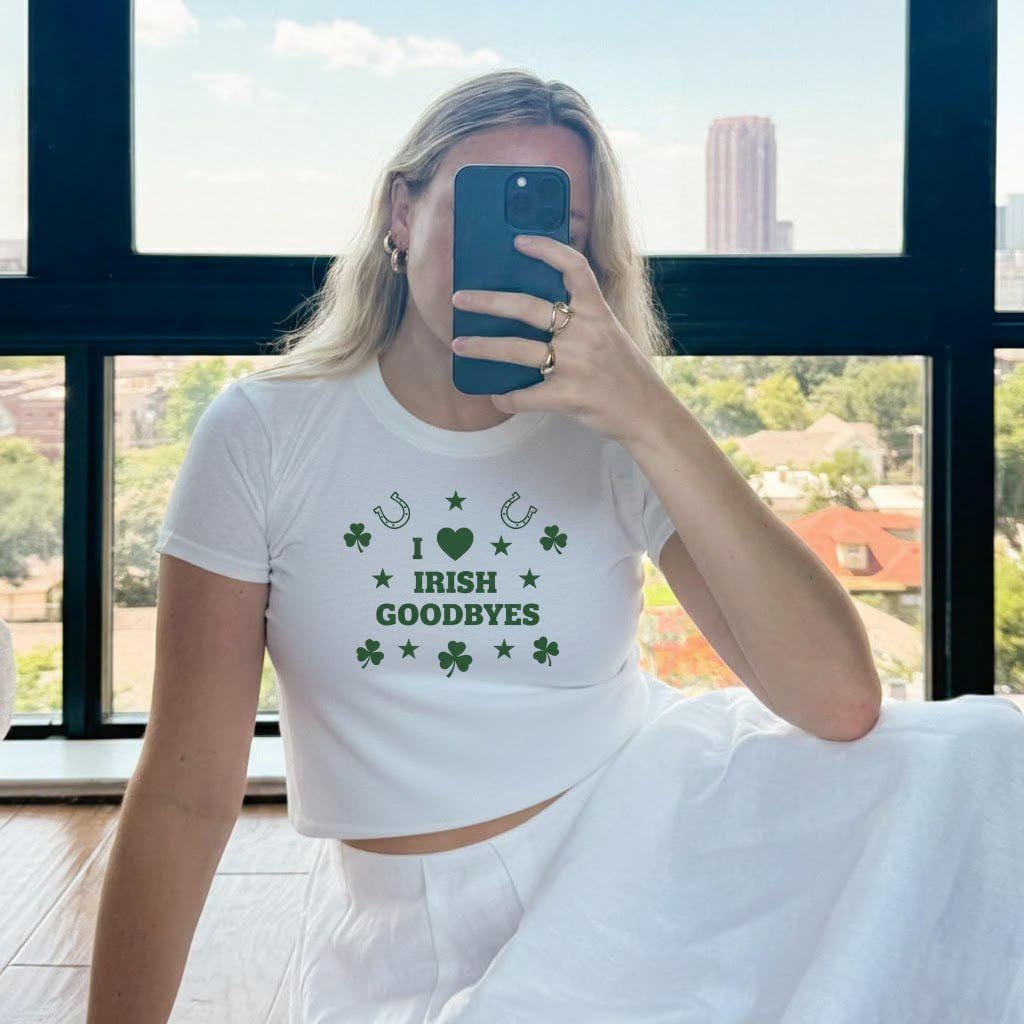 I Love Irish Goodbyes Baby Tee, St Patricks Day Shirt Women, Shamrock Lucky Clover Top, Retro Y2K Graphic Tee, Cute Saint Paddys Day Gift