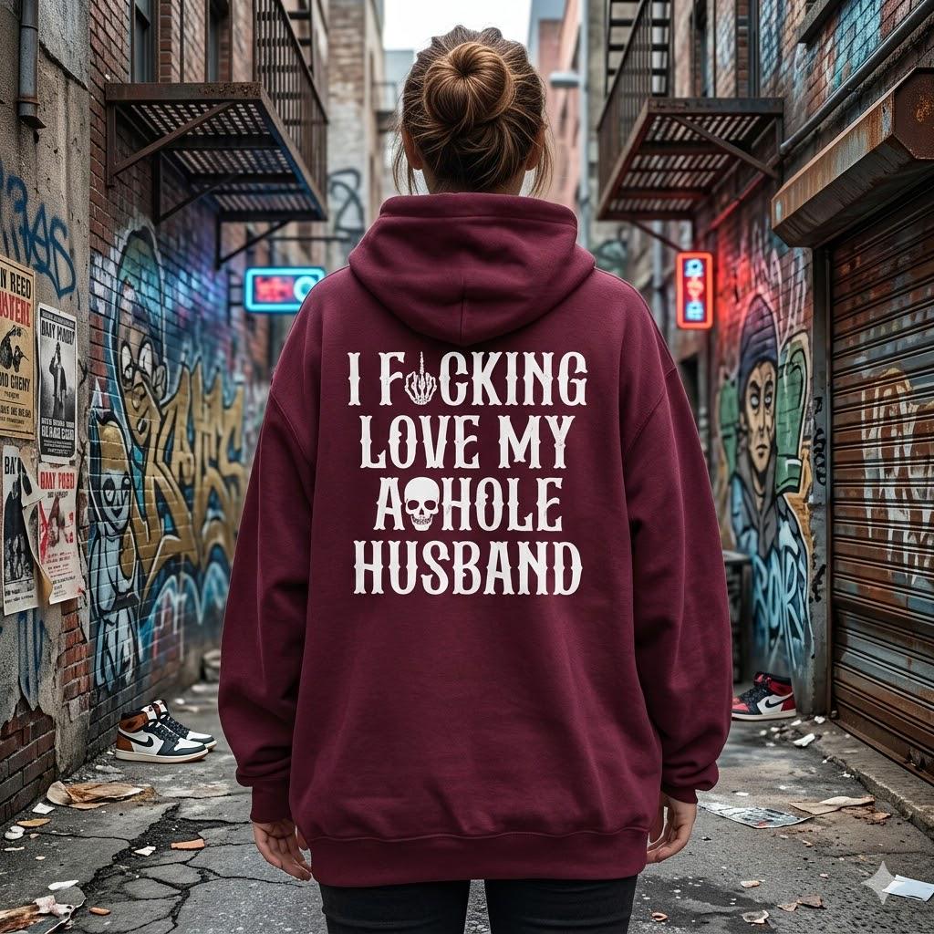 I Fcking Love My Ahole Husband Tshirt, Funny Wife Hoodie, Sarcastic Sweatshirt, Skeleton Middle Finger, Edgy Marriage Humor, Gag Gift