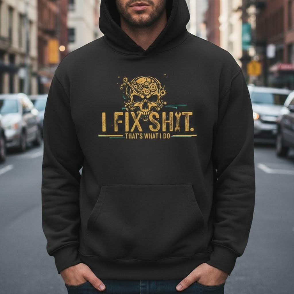 I Fix Shit Thats What I Do Tshirt, Edgy Mechanic Hoodie, Handyman Sweatshirt, Gear Skull Graphic, Blue Collar Gag Gift For Men