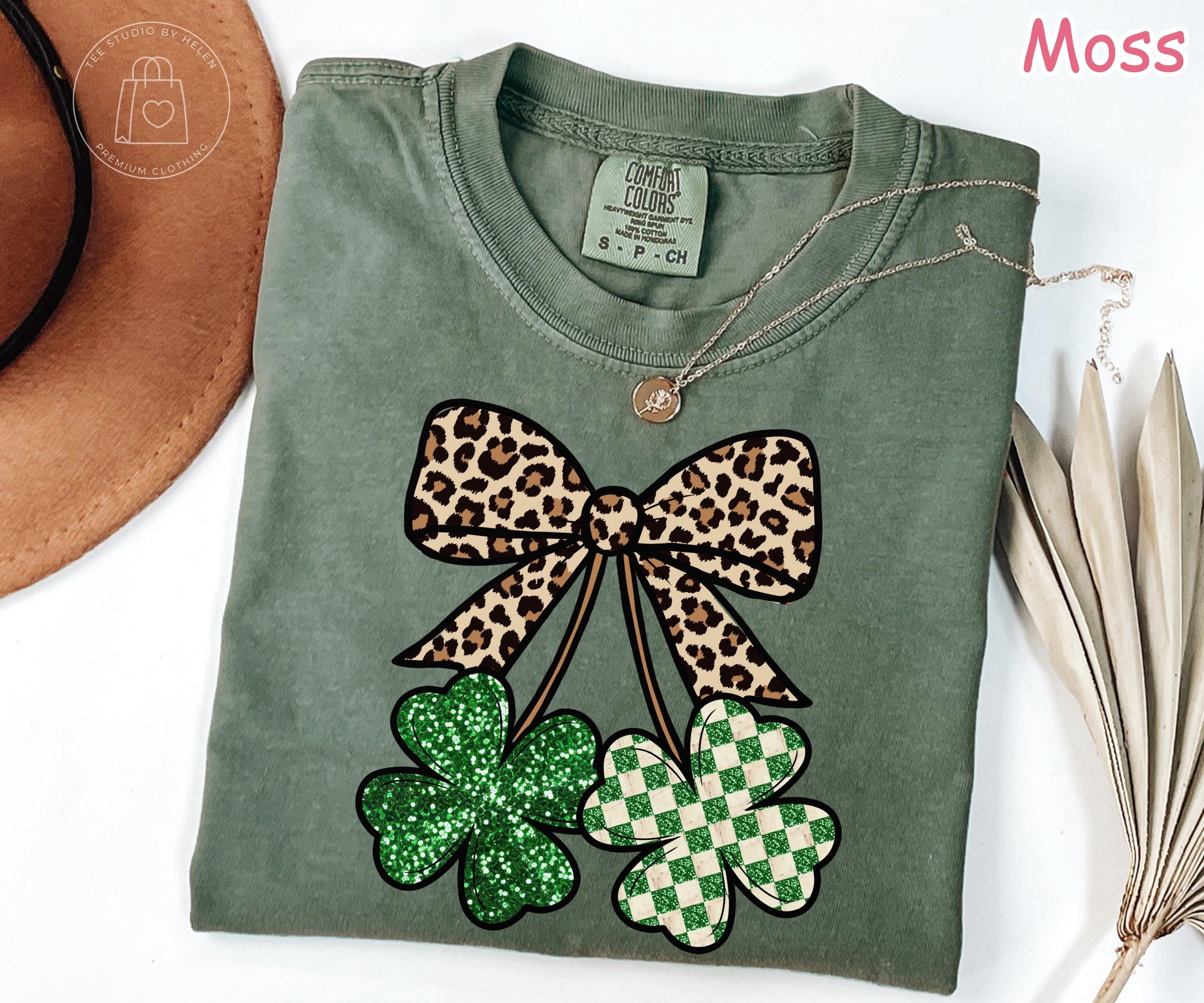 Comfort Colors® Leopard Shamrock Shirt, Retro St Patricks Day Shirt, Checkered Clover Tee, Trendy Lucky Shirt Coquette Bow St Pattys Day Tee