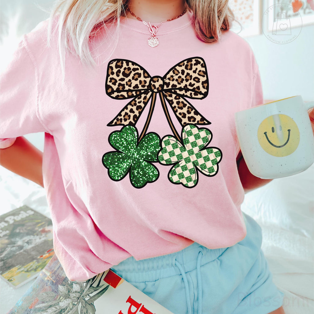 Comfort Colors® Leopard Shamrock Shirt, Retro St Patricks Day Shirt, Checkered Clover Tee, Trendy Lucky Shirt Coquette Bow St Pattys Day Tee