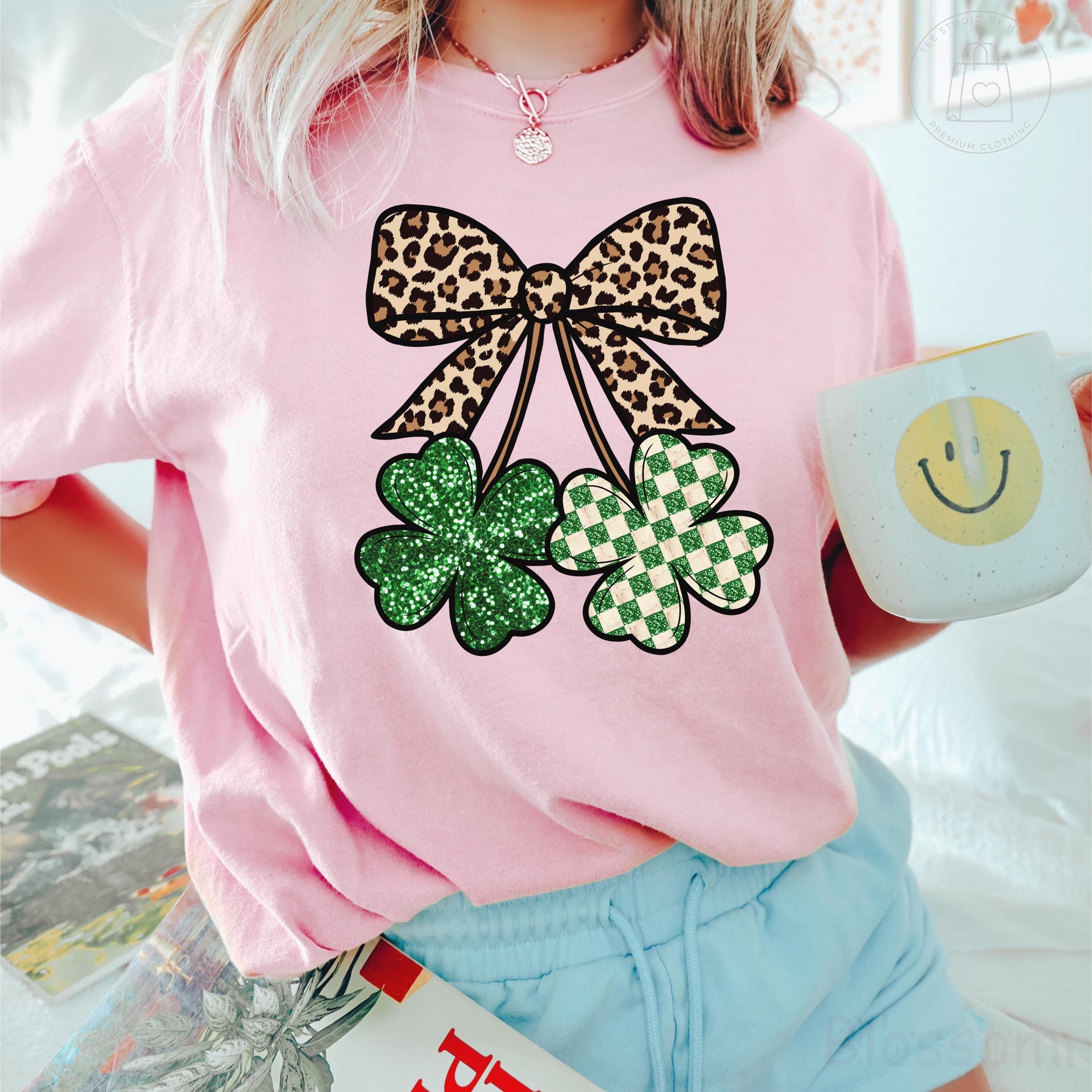 Comfort Colors® Leopard Shamrock Shirt, Retro St Patricks Day Shirt, Checkered Clover Tee, Trendy Lucky Shirt Coquette Bow St Pattys Day Tee