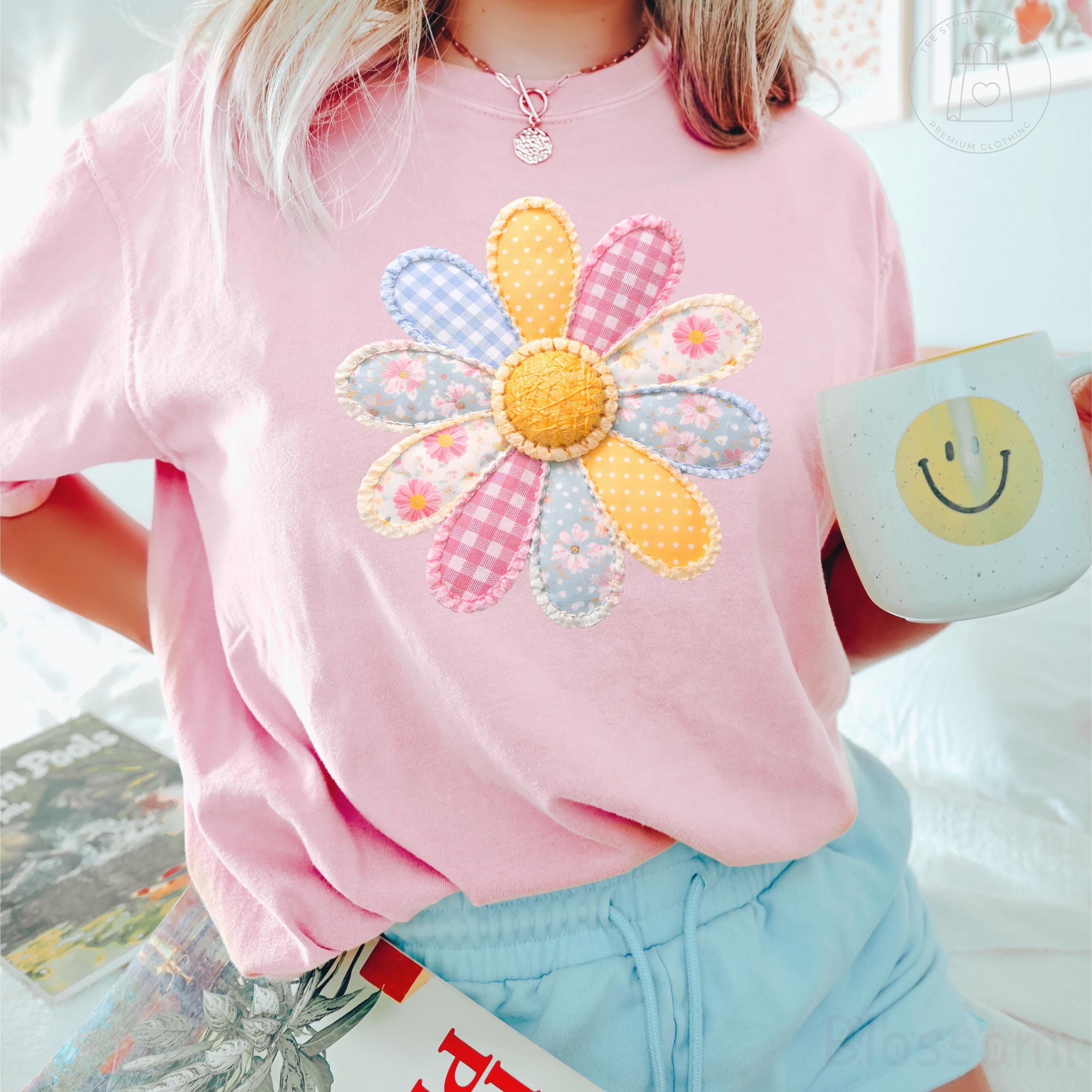 Comfort Colors® Faux Patchwork Flower Shirt, Spring Flower Shirt, Vintage Cottagecore Shirt, Daisy Floral Womens Tee, Summer Graphic Tee