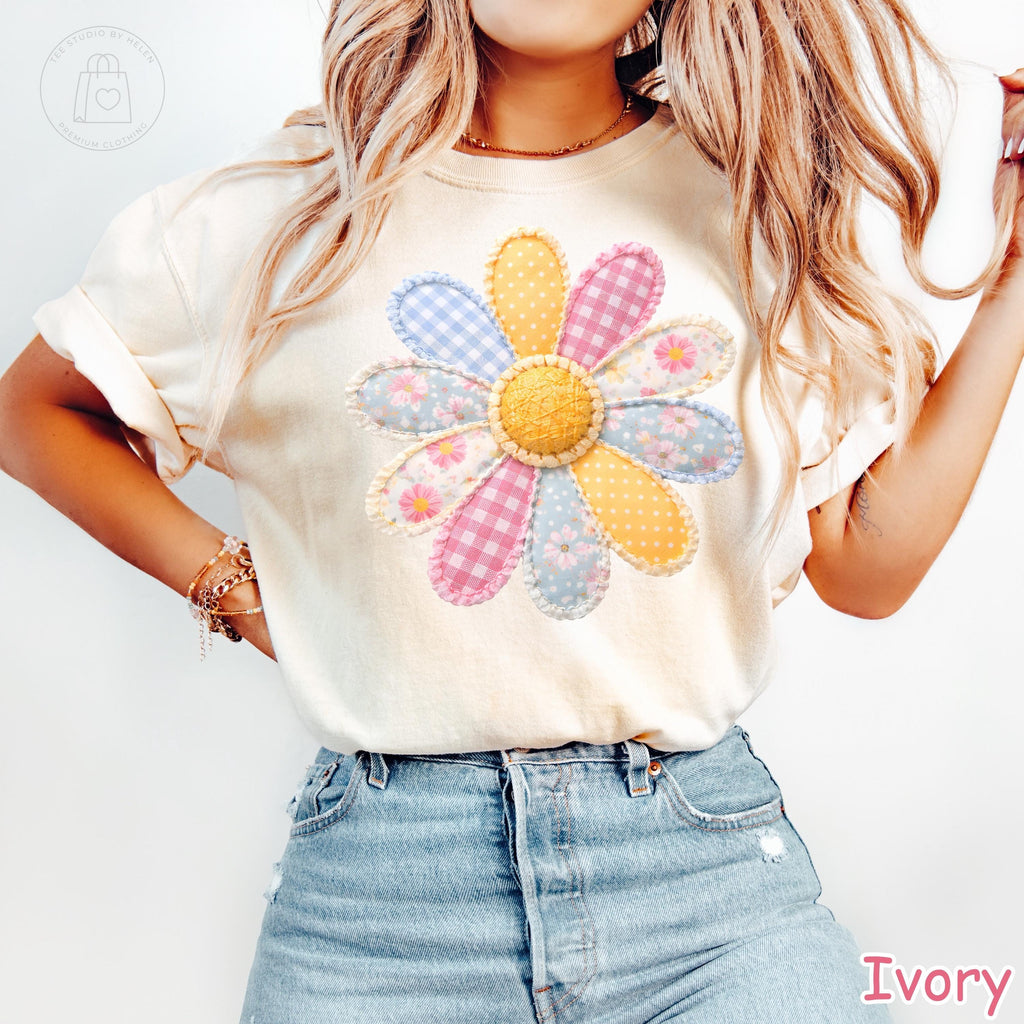 Comfort Colors® Faux Patchwork Flower Shirt, Spring Flower Shirt, Vintage Cottagecore Shirt, Daisy Floral Womens Tee, Summer Graphic Tee