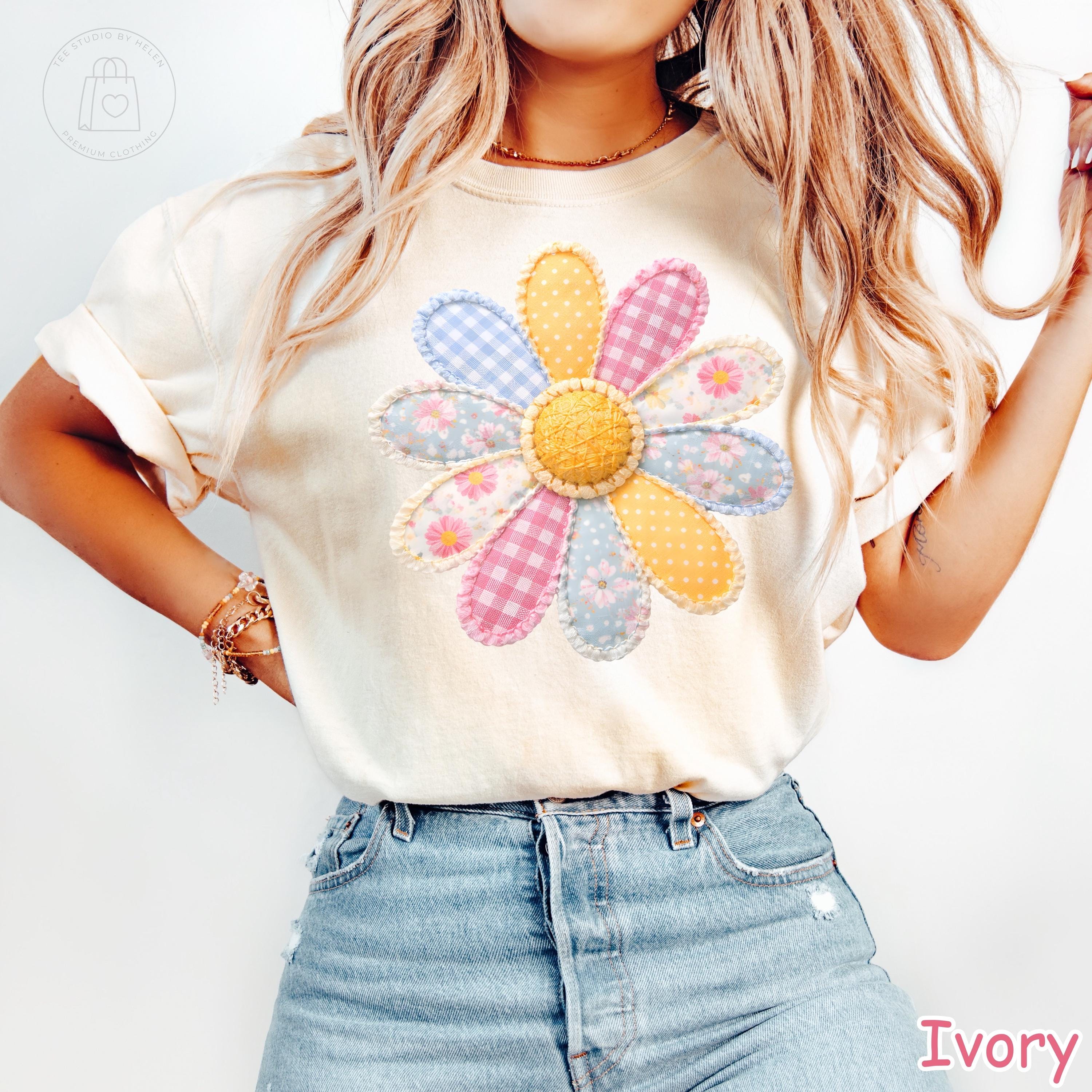 Comfort Colors® Faux Patchwork Flower Shirt, Spring Flower Shirt, Vintage Cottagecore Shirt, Daisy Floral Womens Tee, Summer Graphic Tee