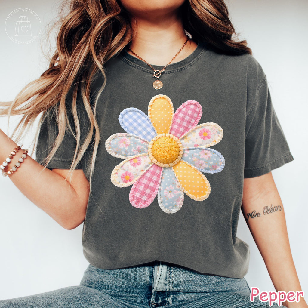 Comfort Colors® Faux Patchwork Flower Shirt, Spring Flower Shirt, Vintage Cottagecore Shirt, Daisy Floral Womens Tee, Summer Graphic Tee