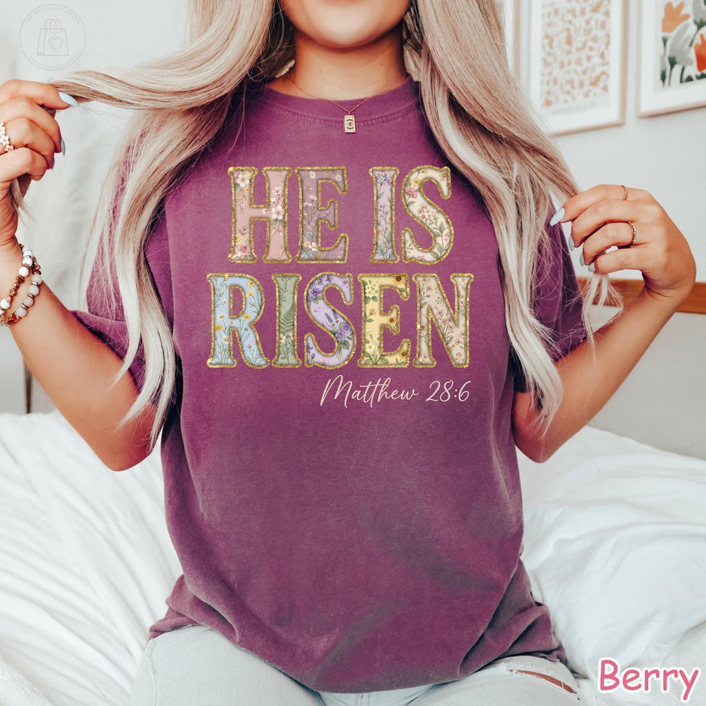 Comfort Colors® He Is Risen Shirt, Floral Christian Easter Shirt, Faith Graphic Tee, Religious Women Gift, Matthew 28:6 Scripture T-Shirt
